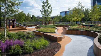 Landscaped playground with winding paths, wooden borders, and play structures.