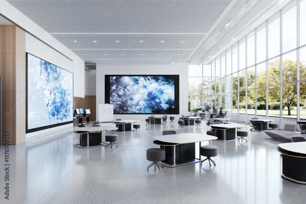 Poster interactive collaborative learning space design modern office interior space bright environment wide