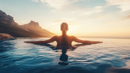 Fototapeta premium A young woman in a stylish swimsuit relaxes in an infinity pool with breathtaking coastal views at sunset