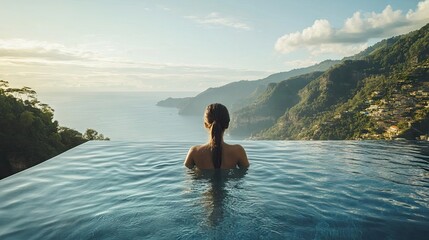 A young woman swims gracefully in an infinity pool with stunning coastal vistas