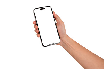 Hand showing smartphone with blank screen isolated.