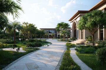 Fototapeta premium Collaborative learning space in a private luxury villa outdoor garden path enriching environment serene viewpoint creative concept