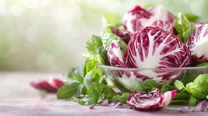 Radicchio in a fresh spring salad with vibrant green herbs, isolated on a soft pastel background for a spring touch