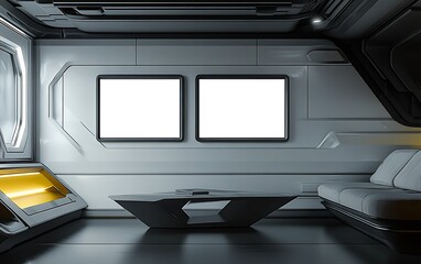 Obraz premium Futuristic spaceship interior with blank screens and furniture.