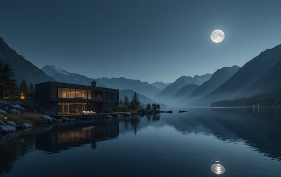 A dark, minimalist luxury exterior home near a tranquil lake, nestled amidst majestic mountains, exudes an air of sophistication and tranquility as it basks in soft glow of moonlight, creating a capot