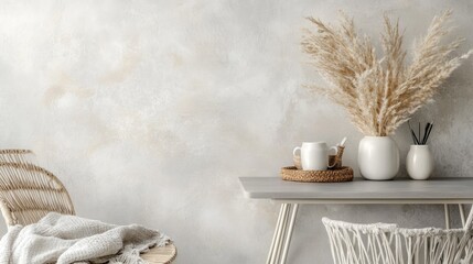 A Zoom background showcasing modern decorative elements, light gray walls, and a sleek desk