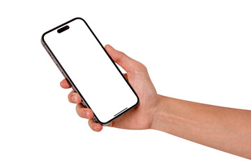Hand showing smartphone with blank screen isolated.