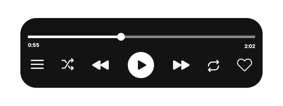 Music player UI: Audio media player widget with buttons, song duration bar, and sleek design. Vector illustration.