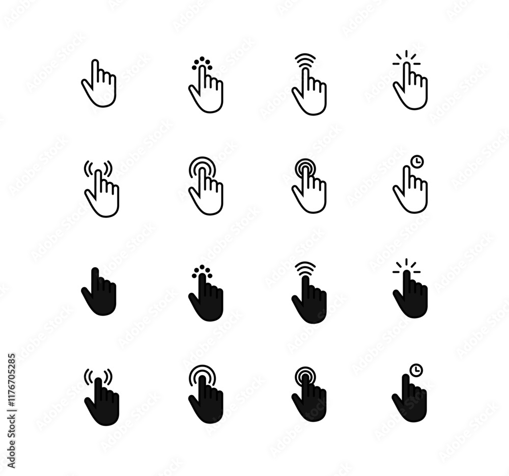 Poster hand click icon set featuring pointer and hand cursor symbols in a clean vector design.