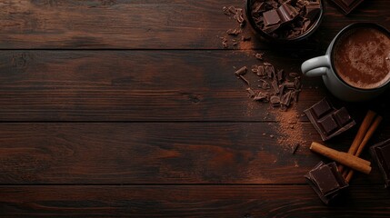 Rustic hot chocolate with cinnamon and copy space