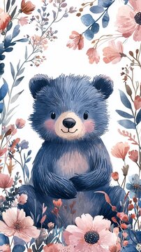 Cute blue teddy bear sitting amidst delicate blush pink and purple flowers.