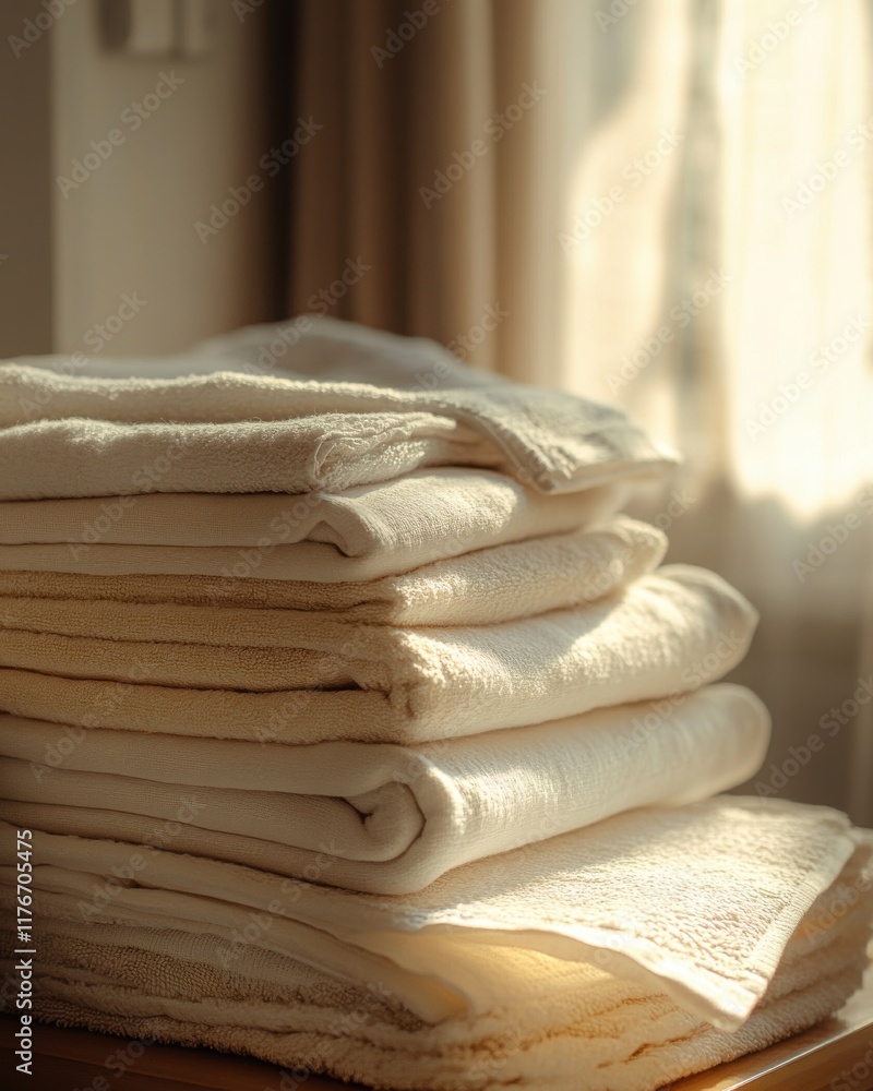 Poster stack of neatly folded beige towels in a sunlit room, creating a warm and inviting atmosphere.