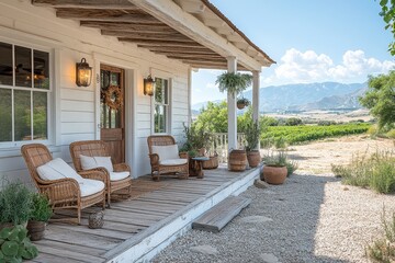 Fototapeta premium Charming Front Porch with Chairs and Wood Flooring beside an Off-White Farmhouse in Sunny California. Set on Small Rocks and Dirt.