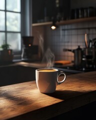 Fototapeta premium A steaming cup of coffee rests on a wooden countertop in a cozy kitchen, exuding warmth and comfort.