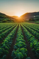 Stunning Sunrise Over Lush Green Cabbage Field in Scenic Mountain Valley Landscape with Vibrant Colors and Clear Sky