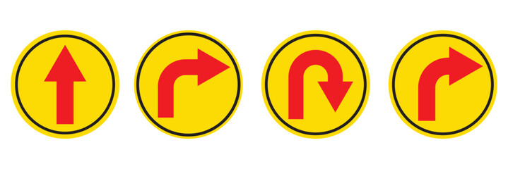 Go Straight, U turn, Right and Left, This Way, One Way, Only U Turn Red Arrow Sign Direction Icon Set. Vector Image.