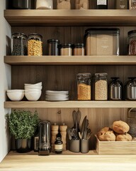Contemporary kitchen pantry showcasing neatly organized jars and utensils in a warm wooden setting.