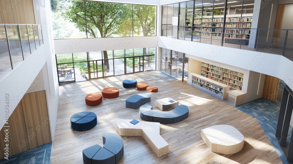 Wall mural collaborative learning space in a modern library setting open concept indoor environment bright natu