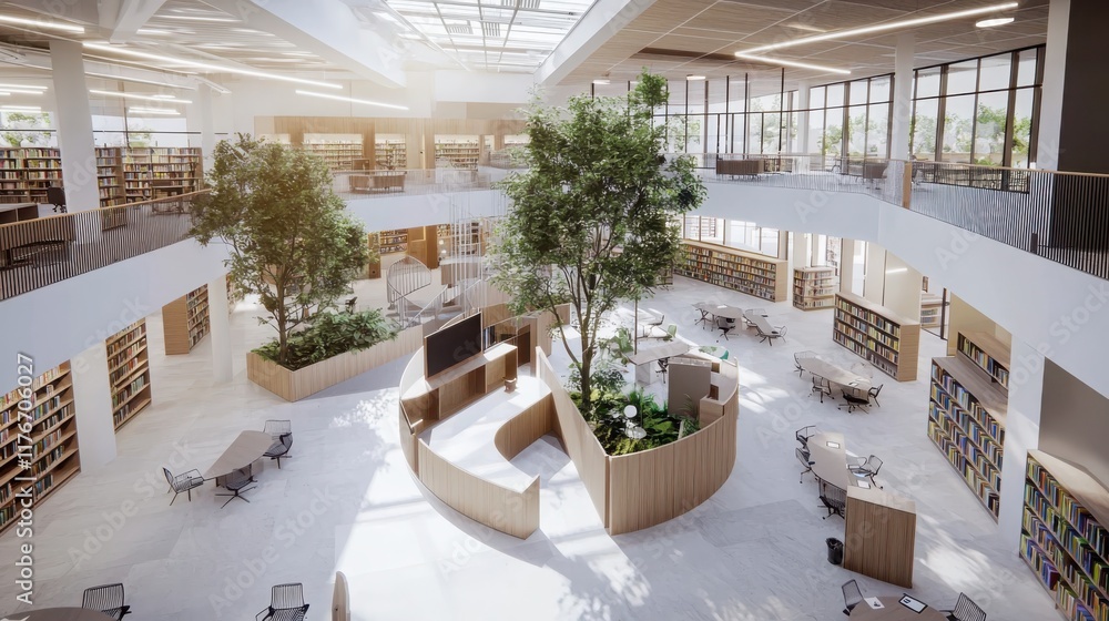 Poster innovative collaborative learning space design in a modern library open concept architecture bright 