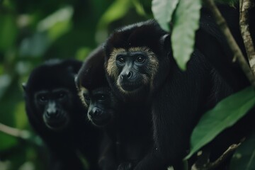 Obraz premium A family of howler monkeys swinging through the canopy of a rainforest, their loud calls echoing