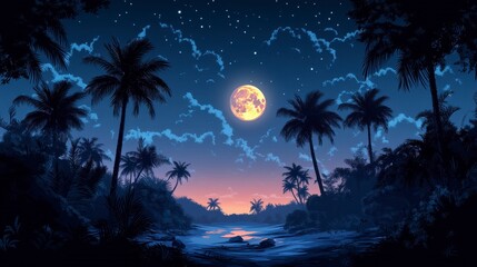 Night scene of tropical beach with full moon, palm trees, and starry sky.