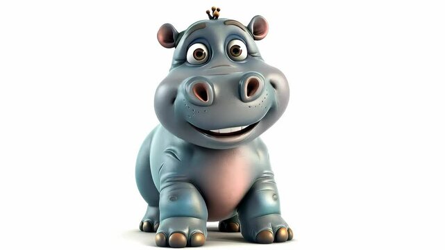 Cute 3D Animated Baby Hippo Smiling on White Background: Ideal for Children's Videos and Educational Projects