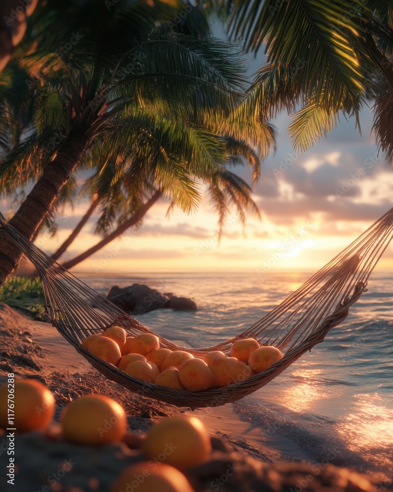 Poster a serene sunset scene with a hammock filled with oranges, surrounded by palm trees on a tranquil bea
