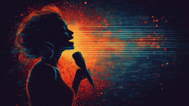 A silhouette of a person speaking into a microphone, sound waves radiating outward, modern flat design with shades of blue and orange, dynamic and impactful