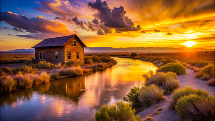 Fototapeta premium weathered house by serene river at sunset, surrounded by vibrant clouds