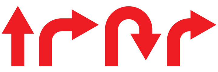 Go Straight, U turn, Right and Left, This Way, One Way, Only U Turn Red Arrow Sign Direction Icon Set. Vector Image.
