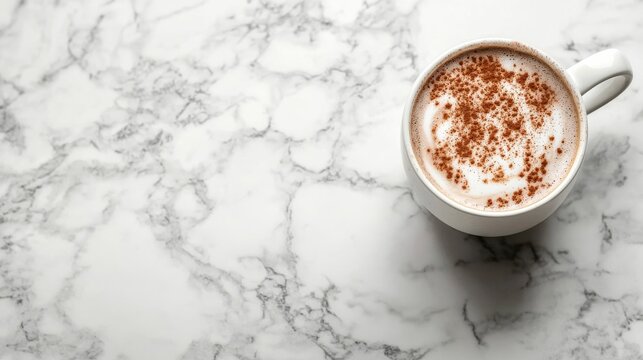 Hot chocolate with cinnamon on marble counter and space for sales message
