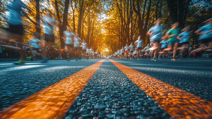 Runners in motion during charity run on sunny open road ahead