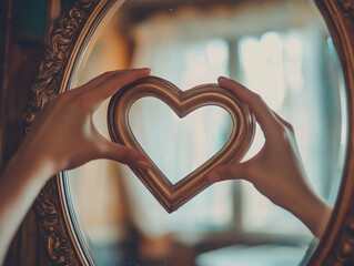 A reflection of self-love: a person crafts a heart shape with their hands on a mirror, embracing the spirit of Valentine's Day.
