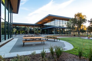 Obraz premium Collaborative learning space in a public park outdoor environment modern architecture community engagement scenic viewpoint
