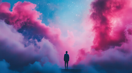Dreamy man silhouette standing amongst vibrant pink clouds and starry blue night sky