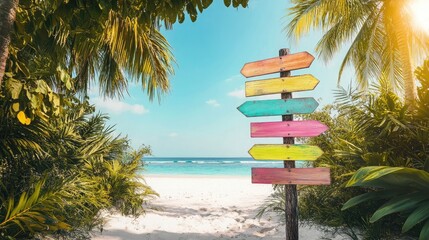 Pastel colored wooden direction signs, beach and palm tree background