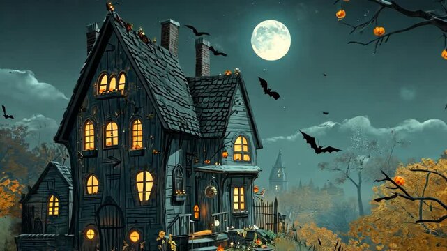 House with a large moon in the sky. The house is surrounded by trees and has a graveyard in the background