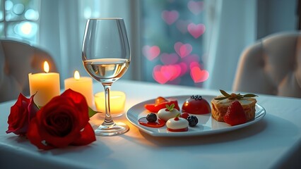 A cozy Valentine&rsquo;s dinner setup with wine glasses, a candlelit ambiance, and a heart-shaped plate, symbolizing shared love and romantic celebrations, isolated on white.