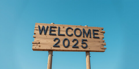 Welcome 2025 wooden signpost against a bright blue sky