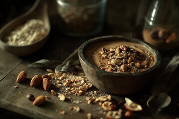 A rustic wooden bowl filled with rich, creamy nut butter topped with assorted nuts and seeds.