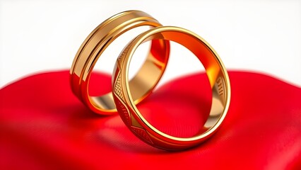 Two intertwined gold wedding rings placed on a red silk heart, symbolizing eternal love and commitment celebrated on this romantic holiday, isolated on white.