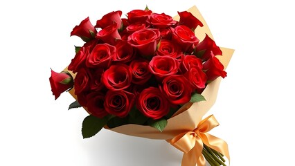 A lush bouquet of red roses wrapped in decorative paper with a bow, representing love, passion, and admiration, a timeless gift for Valentine&rsquo;s Day, isolated on white.