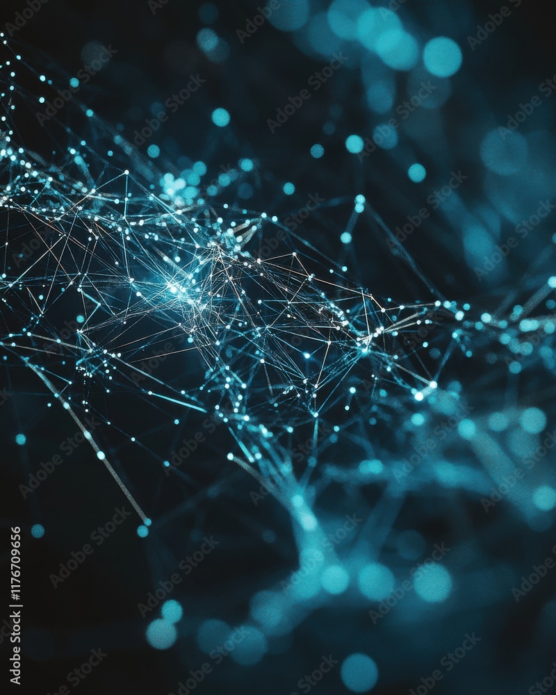 Poster abstract representation of digital connections and networks in a blue color palette.