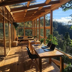 Fototapeta premium Collaborative learning space in remote off-grid area wooden cabin nature-inspired design bright environment panoramic view innovative concept