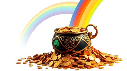 A pot overflowing with gold coins at the end of a colorful rainbow, representing prosperity and mythical treasures of Irish legends, isolated on white.