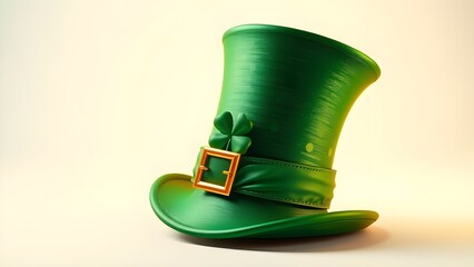 A green leprechaun hat with a gold buckle and a four-leaf clover symbolizing good luck, joy, and Irish folklore, isolated on white.