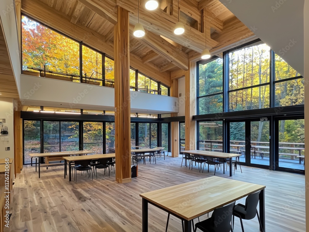 Poster collaborative learning space in a rural community center modern architecture interior design bright 