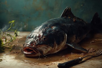 A striking close-up of a freshly caught catfish lying on a rustic wooden table.