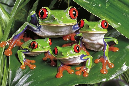 A family of red-eyed tree frogs perched on leaves in a misty rainforest, vibrant colors glowing