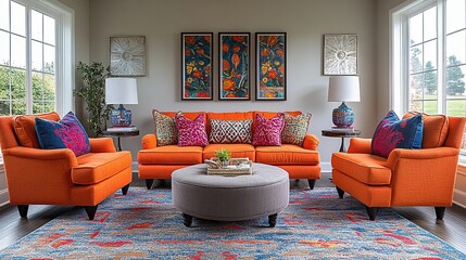 A vibrant living room featuring orange sofas, colorful artwork, and decorative accessories.